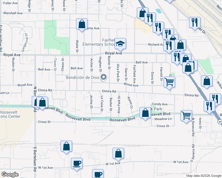map of restaurants, bars, coffee shops, grocery stores, and more near 3485 Wood Avenue in Eugene