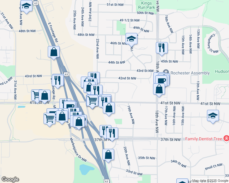map of restaurants, bars, coffee shops, grocery stores, and more near 2042 42nd Street Northwest in Rochester