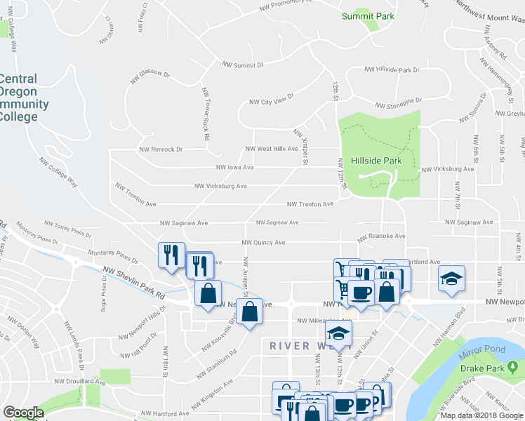 map of restaurants, bars, coffee shops, grocery stores, and more near 1936 Northwest Juniper Street in Bend