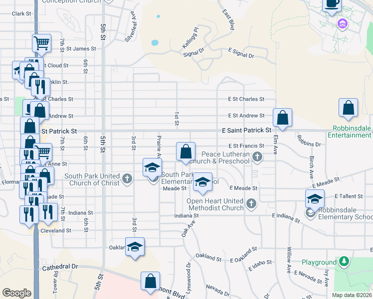 map of restaurants, bars, coffee shops, grocery stores, and more near 108 Saint Francis Street in Rapid City