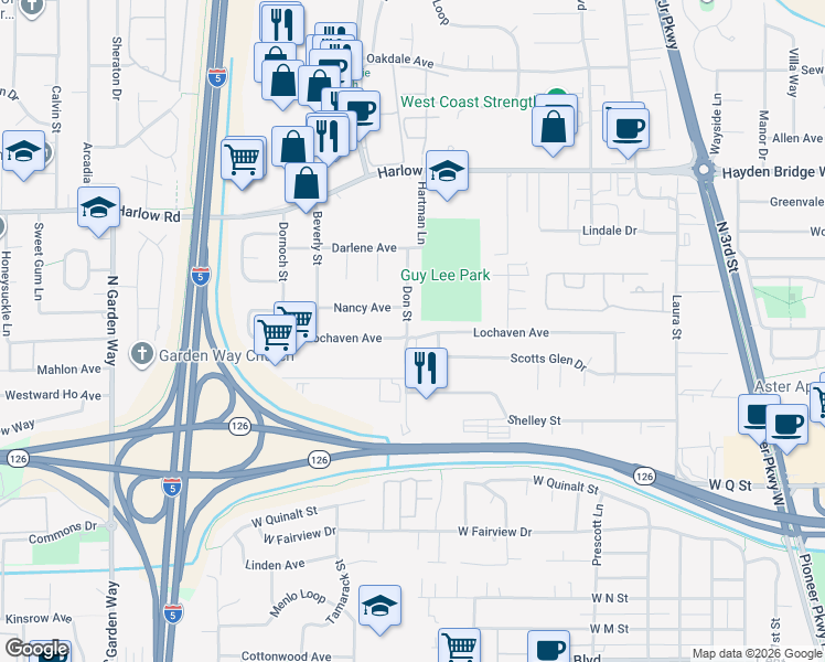 map of restaurants, bars, coffee shops, grocery stores, and more near 2269 Don Street in Springfield