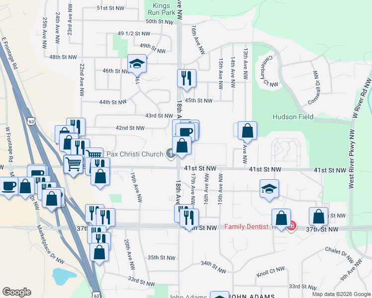 map of restaurants, bars, coffee shops, grocery stores, and more near 4100 18th Avenue Northwest in Rochester