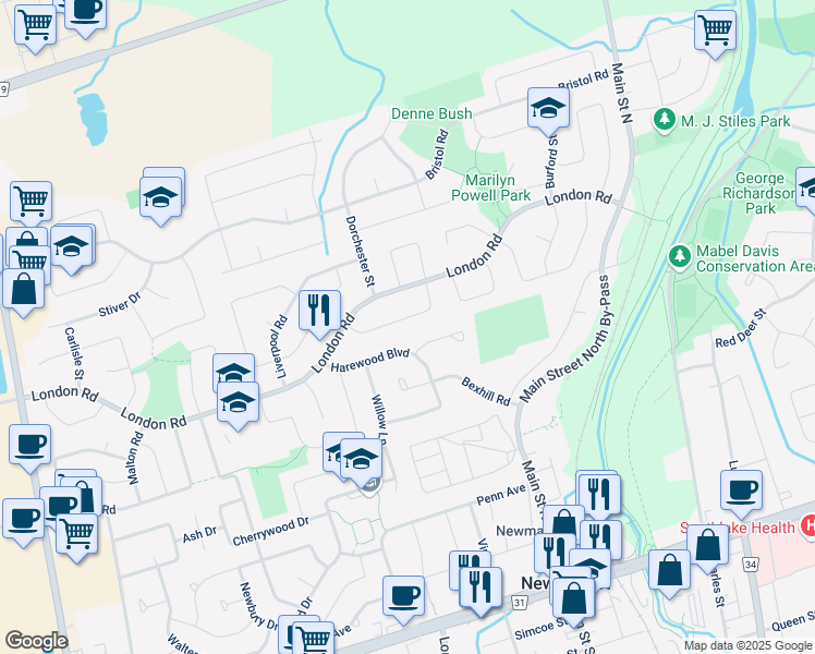 map of restaurants, bars, coffee shops, grocery stores, and more near 318 Buckingham Road in Newmarket