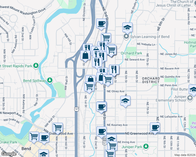 map of restaurants, bars, coffee shops, grocery stores, and more near 211 Northeast Revere Avenue in Bend