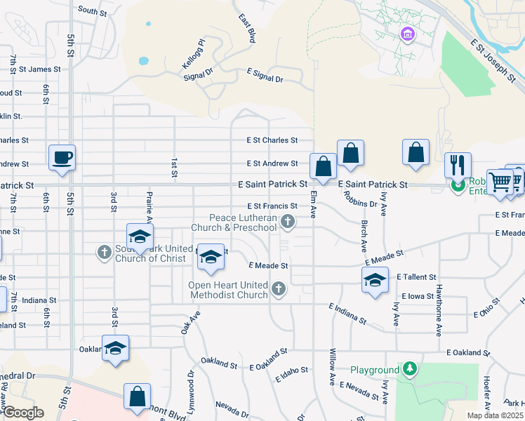 map of restaurants, bars, coffee shops, grocery stores, and more near 137 East Saint Francis Street in Rapid City