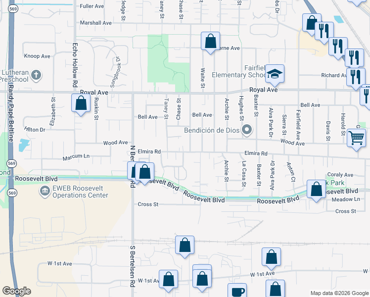 map of restaurants, bars, coffee shops, grocery stores, and more near 3885 Elmira Road in Eugene