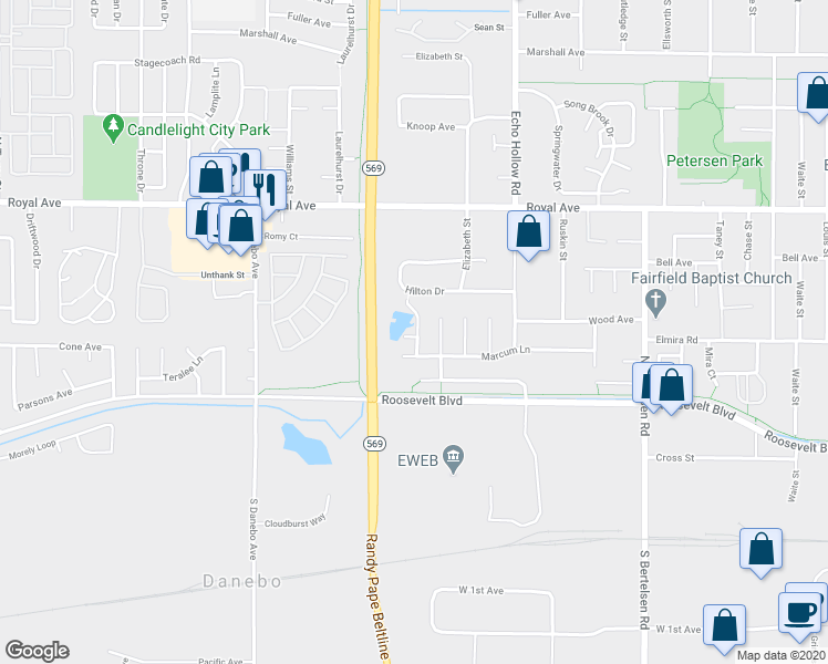 map of restaurants, bars, coffee shops, grocery stores, and more near 4431 Alderbury Street in Eugene