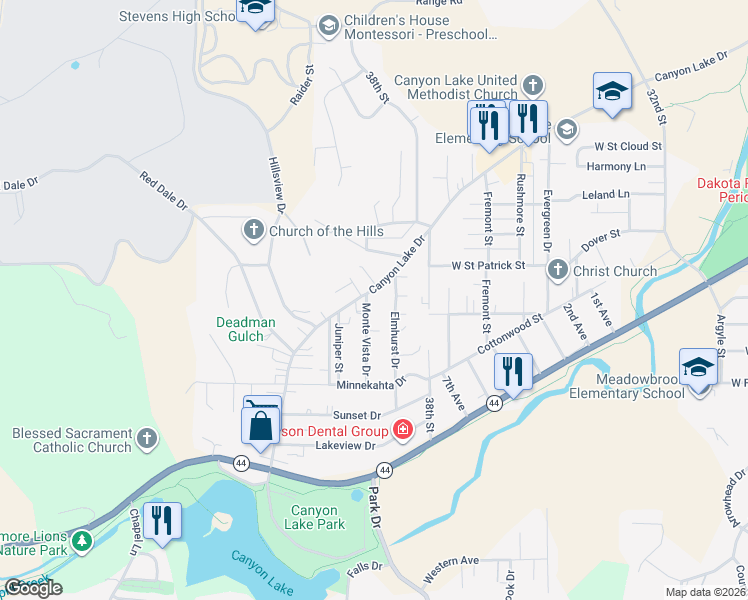 map of restaurants, bars, coffee shops, grocery stores, and more near 3915 Canyon Lake Drive in Rapid City