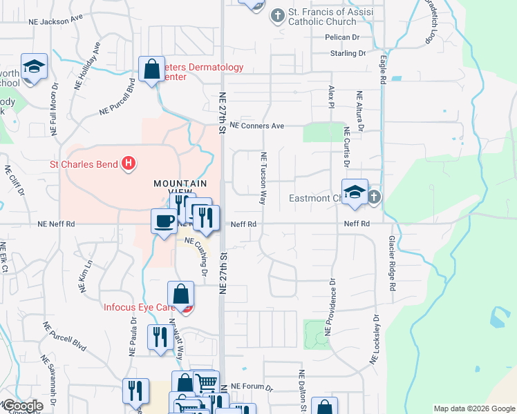 map of restaurants, bars, coffee shops, grocery stores, and more near 1701 Northeast Wichita Way in Bend