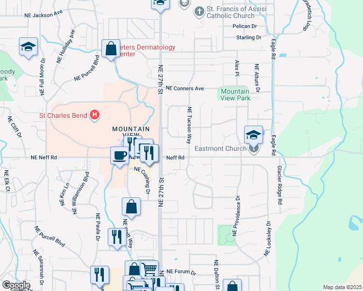 map of restaurants, bars, coffee shops, grocery stores, and more near 1701 Northeast Wichita Way in Bend