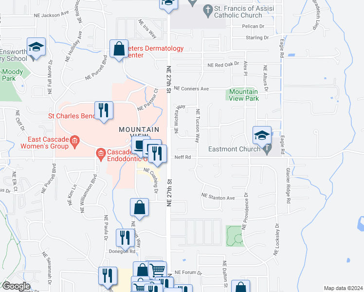 map of restaurants, bars, coffee shops, grocery stores, and more near 1747 Northeast Wichita Way in Bend