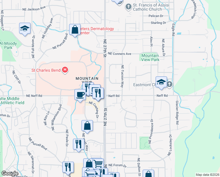 map of restaurants, bars, coffee shops, grocery stores, and more near 1747 Northeast Wichita Way in Bend