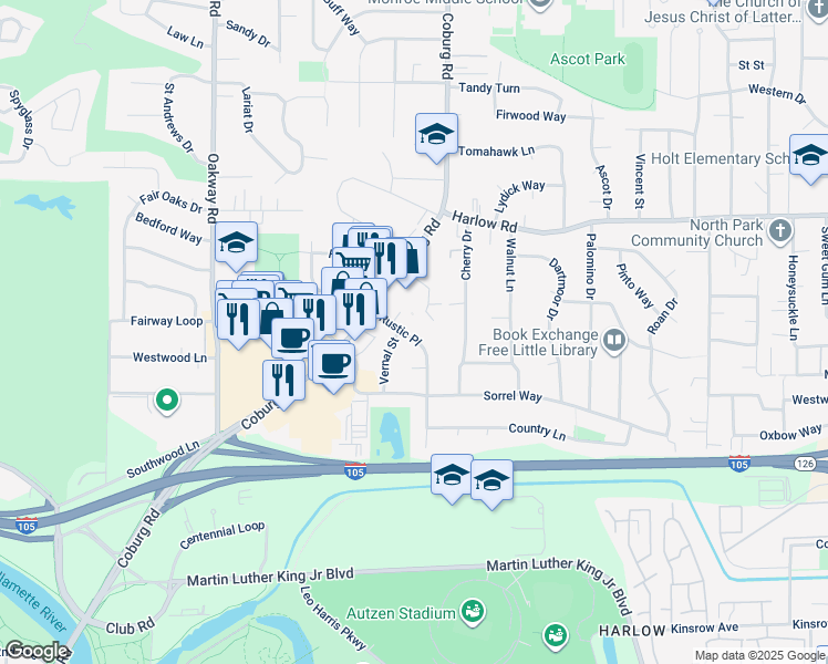 map of restaurants, bars, coffee shops, grocery stores, and more near 347 Rustic Place in Eugene