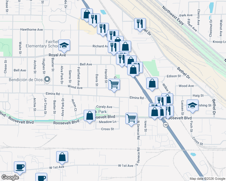 map of restaurants, bars, coffee shops, grocery stores, and more near 3157 Wood Avenue in Eugene