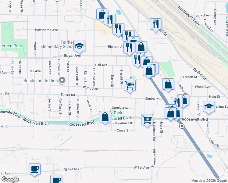 map of restaurants, bars, coffee shops, grocery stores, and more near 3285 Wood Avenue in Eugene