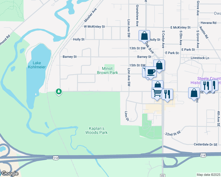 map of restaurants, bars, coffee shops, grocery stores, and more near 400 18th Street Southwest in Owatonna