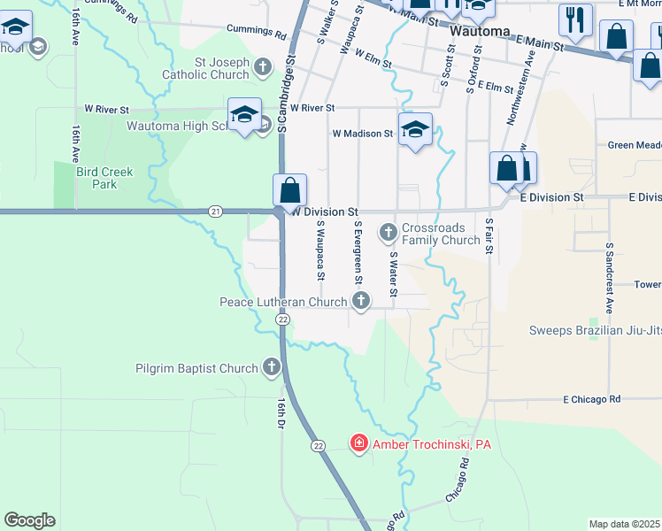 map of restaurants, bars, coffee shops, grocery stores, and more near 663 South Waupaca Street in Wautoma