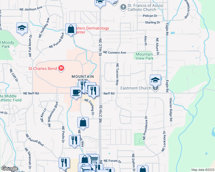 map of restaurants, bars, coffee shops, grocery stores, and more near 2742 Northeast Mesa Court in Bend