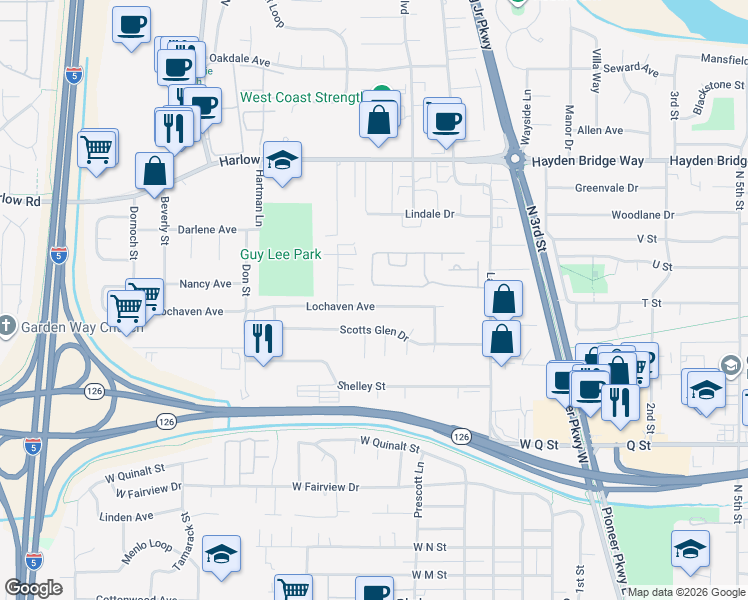 map of restaurants, bars, coffee shops, grocery stores, and more near 2150 Laura Street in Springfield