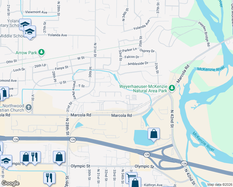 map of restaurants, bars, coffee shops, grocery stores, and more near 3243 Valley Meadows Court in Springfield