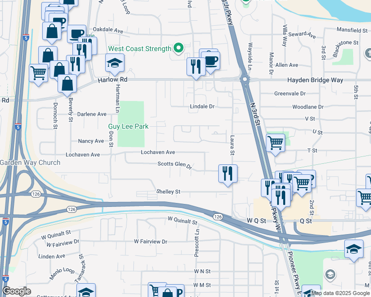 map of restaurants, bars, coffee shops, grocery stores, and more near 2150 Laura Street in Springfield