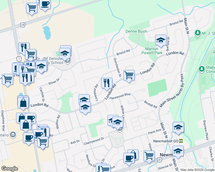 map of restaurants, bars, coffee shops, grocery stores, and more near 279 Manchester Drive in Newmarket
