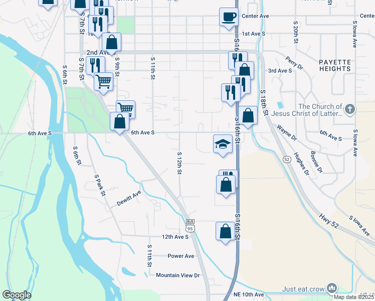 map of restaurants, bars, coffee shops, grocery stores, and more near 605 South 12th Street in Payette