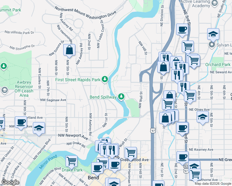 map of restaurants, bars, coffee shops, grocery stores, and more near 303 Northwest Linster Place in Bend