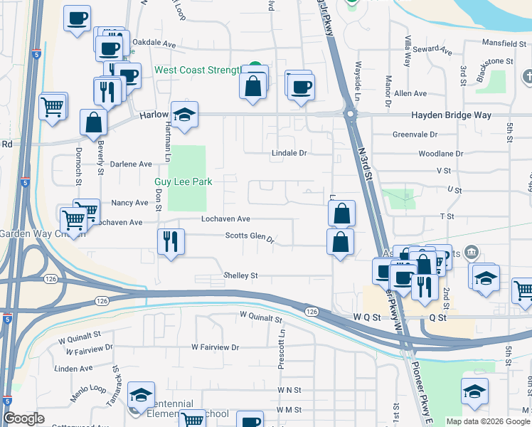 map of restaurants, bars, coffee shops, grocery stores, and more near 2150 Laura Street in Springfield