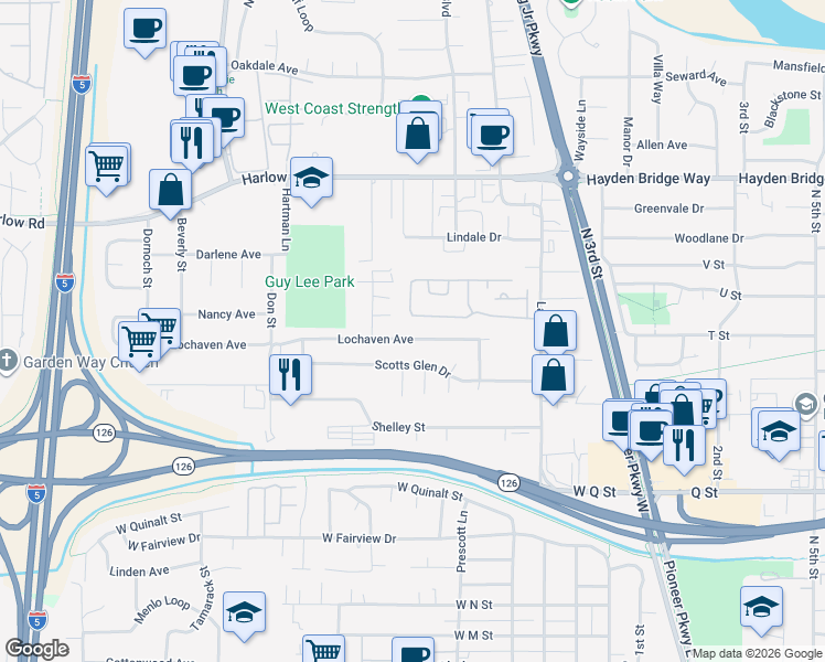 map of restaurants, bars, coffee shops, grocery stores, and more near 2150 Laura Street in Springfield
