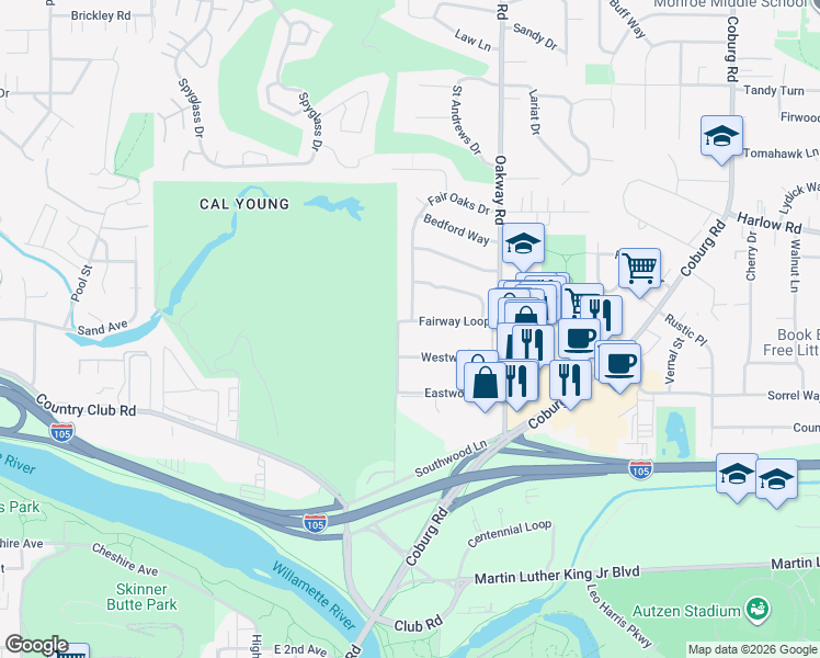 map of restaurants, bars, coffee shops, grocery stores, and more near 416 Fair Oaks Drive in Eugene