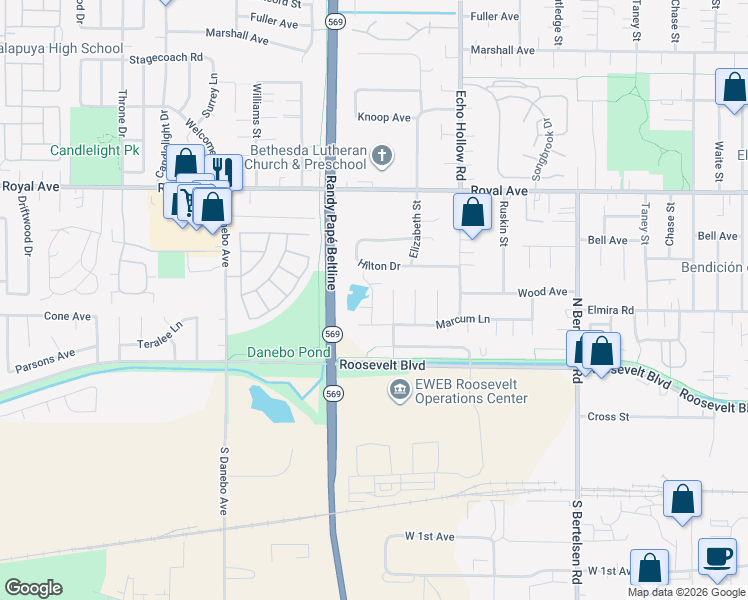 map of restaurants, bars, coffee shops, grocery stores, and more near 676 Hanover Street in Eugene