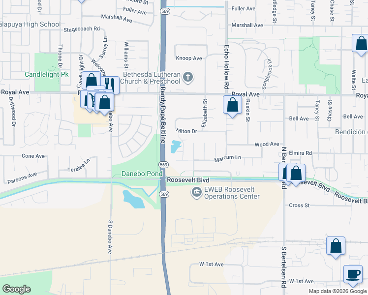 map of restaurants, bars, coffee shops, grocery stores, and more near 676 Hanover Street in Eugene