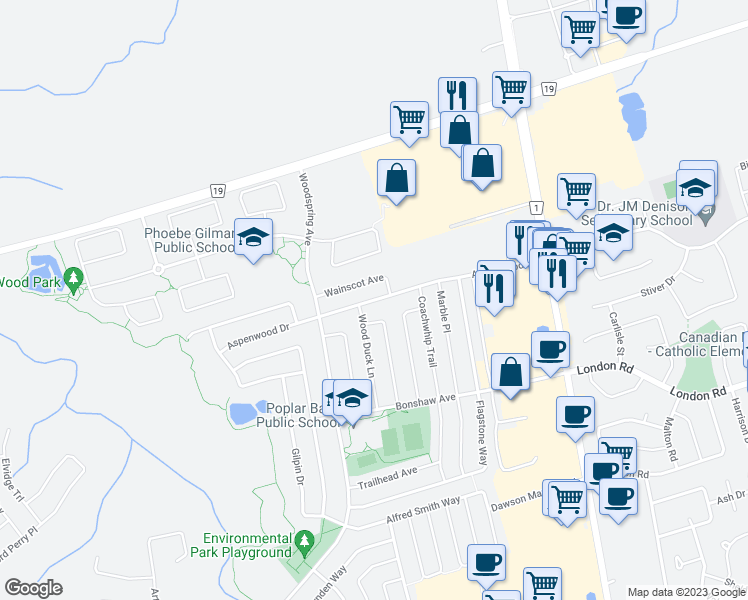 map of restaurants, bars, coffee shops, grocery stores, and more near Aspenwood Drive in Newmarket