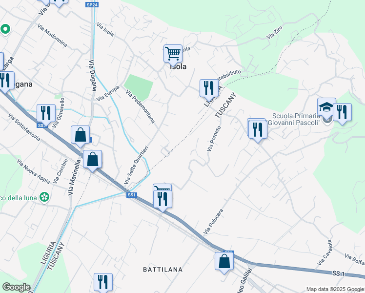map of restaurants, bars, coffee shops, grocery stores, and more near 46 Via Pometo in Carrara