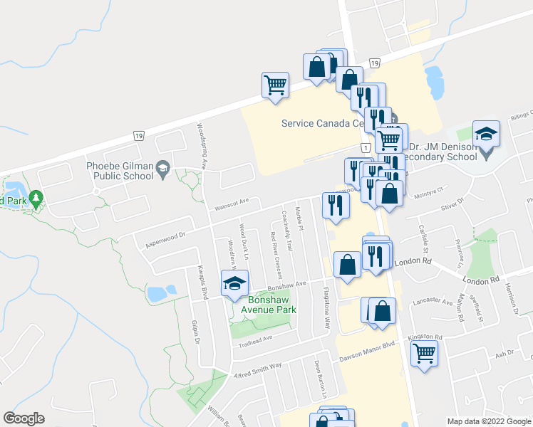 map of restaurants, bars, coffee shops, grocery stores, and more near 144 Aspenwood Drive in Newmarket