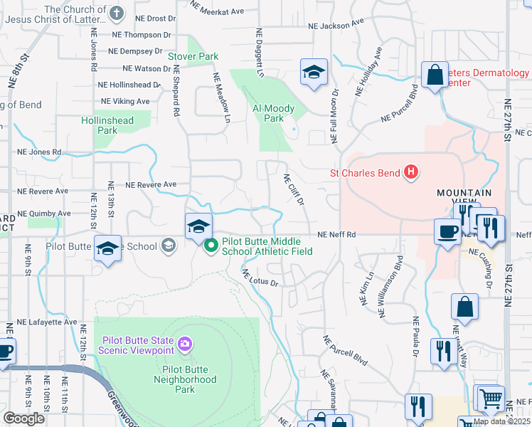 map of restaurants, bars, coffee shops, grocery stores, and more near 1746 Northeast Janice Way in Bend