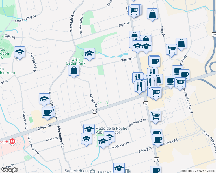 map of restaurants, bars, coffee shops, grocery stores, and more near 67 Howard Road in Newmarket