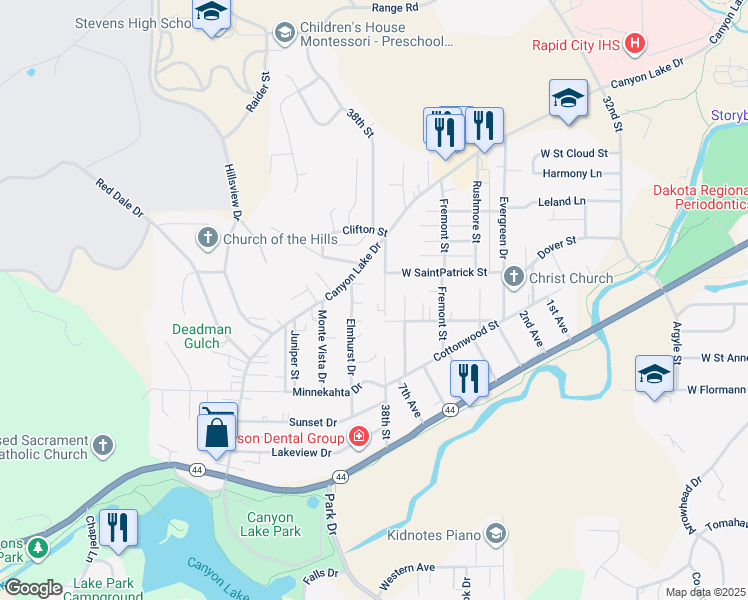 map of restaurants, bars, coffee shops, grocery stores, and more near 1915 38th Street in Rapid City