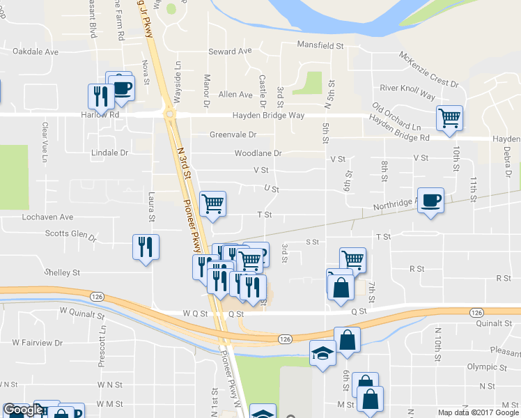 map of restaurants, bars, coffee shops, grocery stores, and more near 135 U Street in Springfield