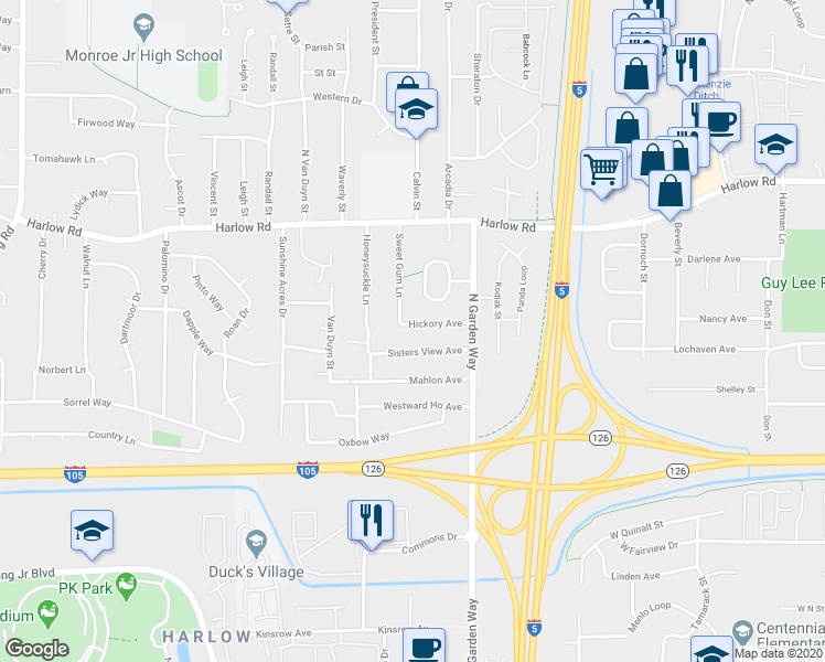 map of restaurants, bars, coffee shops, grocery stores, and more near 3575 Hickory Avenue in Eugene