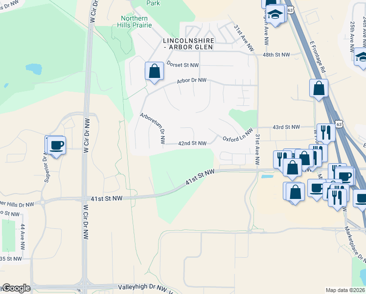 map of restaurants, bars, coffee shops, grocery stores, and more near 3520 42nd Street Northwest in Rochester