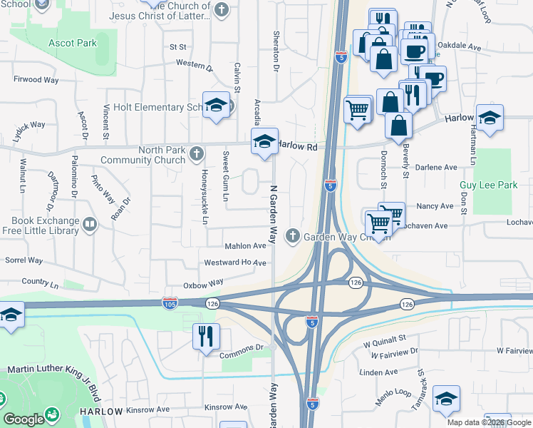 map of restaurants, bars, coffee shops, grocery stores, and more near 3655 Hickory Avenue in Eugene