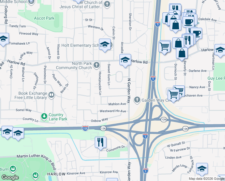 map of restaurants, bars, coffee shops, grocery stores, and more near 3575 Hickory Avenue in Eugene