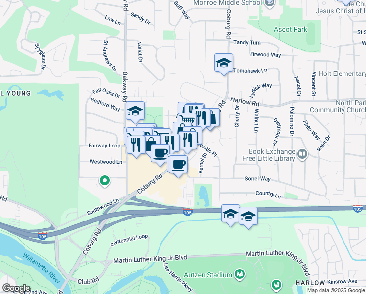map of restaurants, bars, coffee shops, grocery stores, and more near 390 Coburg Road in Eugene