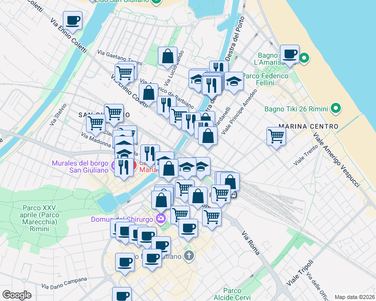 map of restaurants, bars, coffee shops, grocery stores, and more near 11 Via Destra del Porto in Rimini