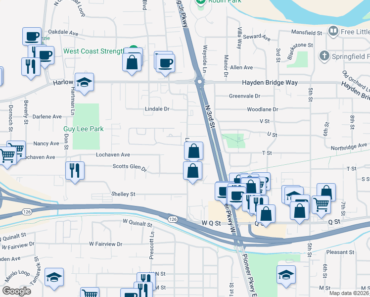 map of restaurants, bars, coffee shops, grocery stores, and more near 2150 Laura Street in Springfield