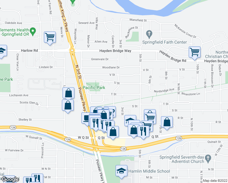map of restaurants, bars, coffee shops, grocery stores, and more near 2114 2nd Street in Springfield