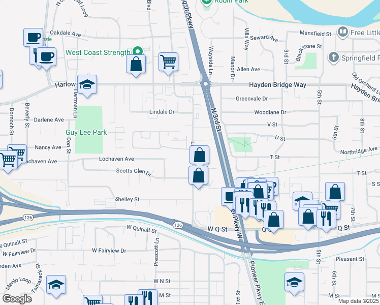 map of restaurants, bars, coffee shops, grocery stores, and more near 2150 Laura Street in Springfield