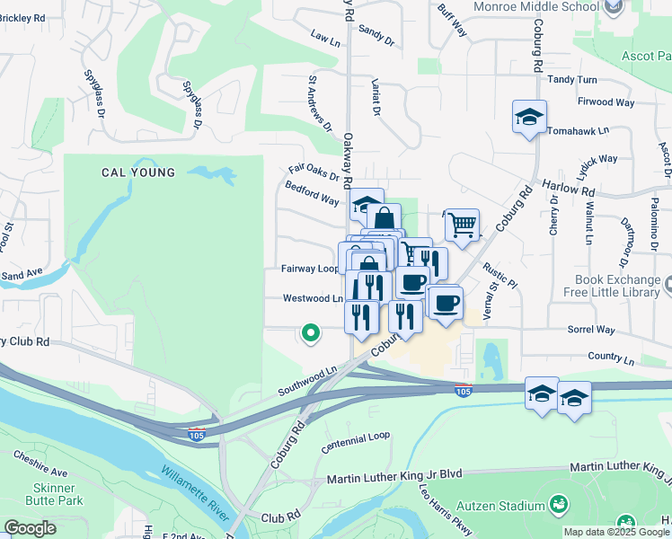 map of restaurants, bars, coffee shops, grocery stores, and more near 2188 Fairway Loop in Eugene
